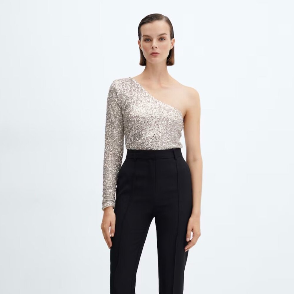 Silver  long sleeve Asymmetric sequin top